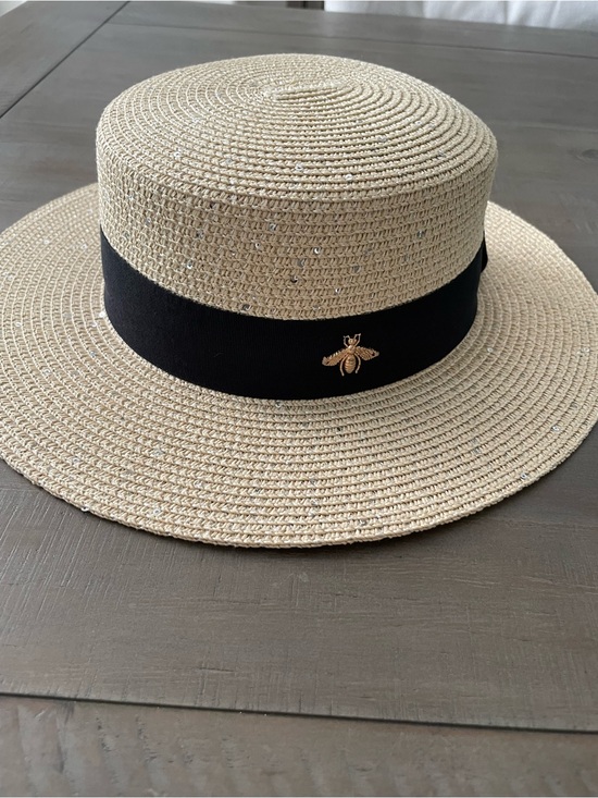 Accessories - Straw Bee Hat with Black Band and Gold Bee Pin silver sequin sequins gg